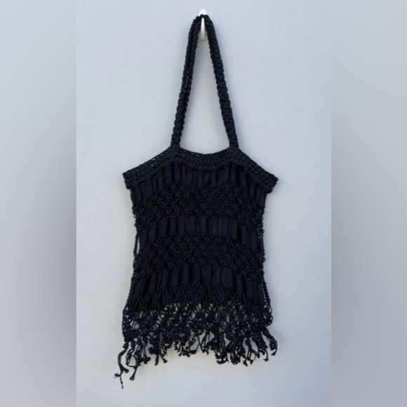 Carrie Forbes Crochet Rayon Fringe Bag Black Purse Hippie Boho Gypsy Festival - Picture 11 of 12